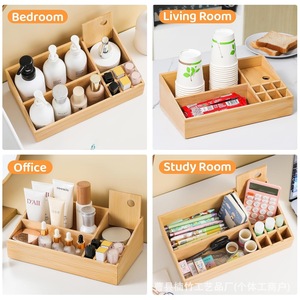 Wooden Desktop Storage Box Cosmetic Organizer Compartmentalized Skincare Product Organizer <b>Solid</b> <b>Wood</b> Office <b>Desk</b> Storage Box - Product Image 1