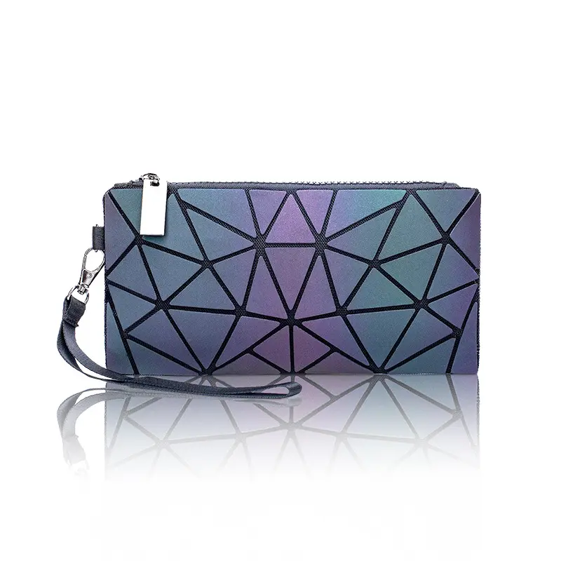 new women's long purse reflective luminous clutch bag zipper pouch geometric card money handbag street wallet with handle strap