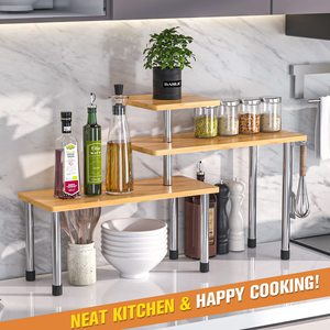 Étagère de rangement réglable à 3 niveaux pour économiser de l'espace, avec pieds en <span class=keywords><strong>aluminium</strong></span>, pour comptoir de <span class=keywords><strong>cuisine</strong></span>, étagère à épices en bambou - Product Image 2