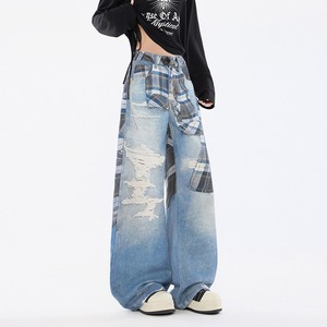 Vaqueros de Pierna Ancha Estilo Americano <span class=keywords><strong>para</strong></span> <span class=keywords><strong>Mujer</strong></span> y Niña, Otoño, Pantalones Rectos Holgados de Cintura Alta con Parches a Cuadros y Bloques de Color - Product Image 1
