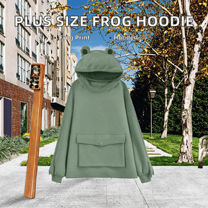 Felpa con <span class=keywords><strong>cappuccio</strong></span> in pile ecologico tinta unita da donna taglie forti Evertopone con motivo Karl Frog, stile streetwear, con cerniera verde, OEM/ODM - Product Image 4