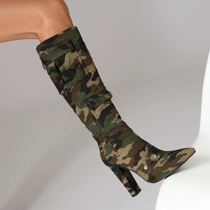 Bottes longues d'hiver pour femmes, design tendance camouflage vert, fines, noires, sexy, à bout pointu, bottes hautes fines - Product Image 4