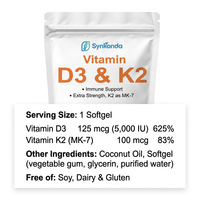 Gélules de vitamine D3 K2 pour adultes, marque privée OEM, santé immunitaire et osseuse, dose quotidienne, 2 gélules
