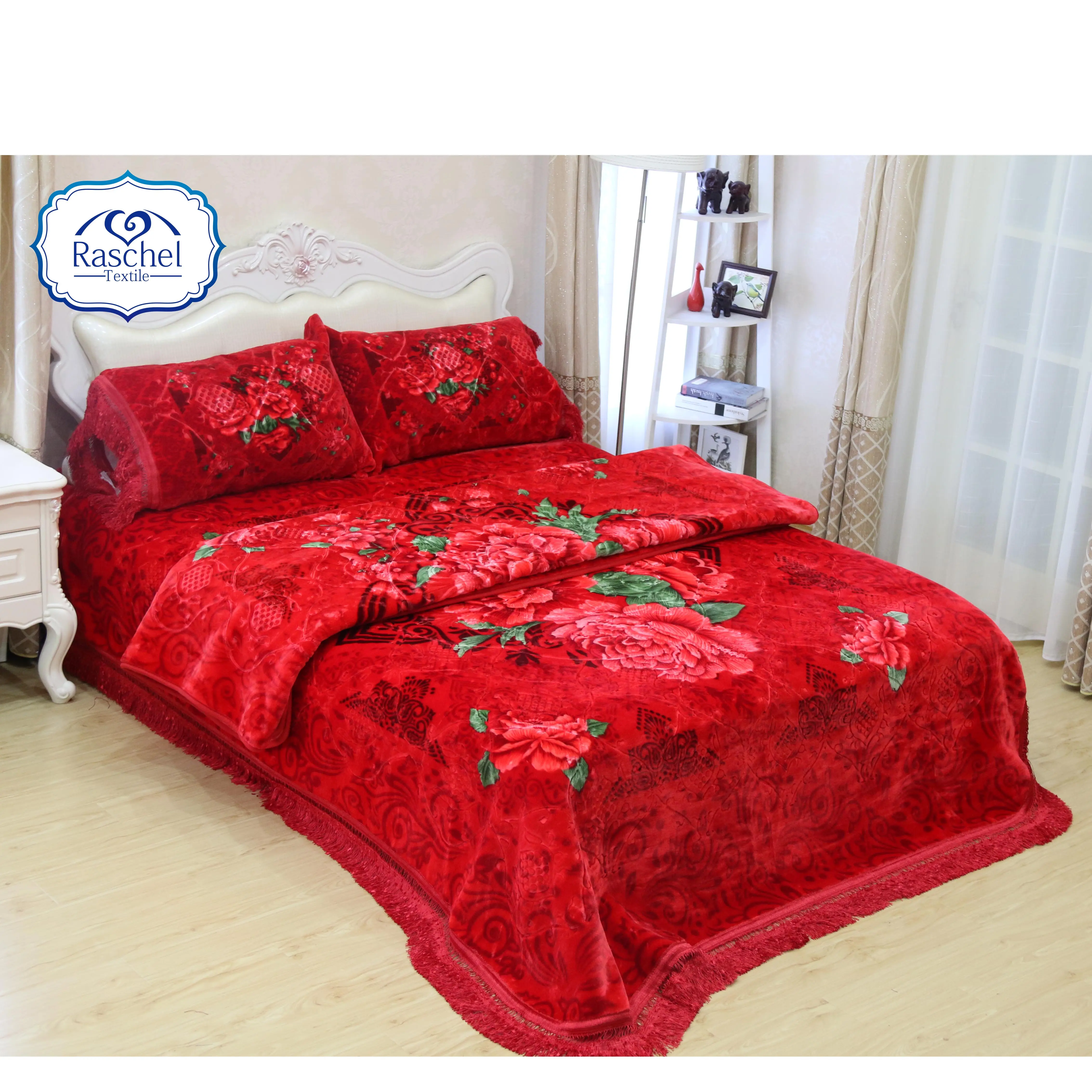 Classic dubai double ply mink korea floral design embossed 4pcs bedding set