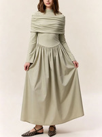Robe midi élégante Joydressing vert sauge froncée à col montant et manches longues pour femme – Vente en gros, plissée, modeste, pour le travail ou les soirées