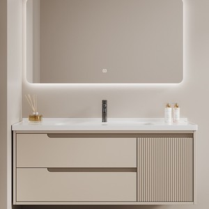 Mueble de Baño Moderno Minimalista con Espejo Inteligente Iluminado, Lavabo de Cerámica de una Pieza Color Crema, Gabinete de Almacenamiento - Product Image 3