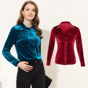 Camicette in Raso Bordeaux da Donna, Camicia in Velluto, Top in Velour Liscio, Tunica Autunno Inverno, Abbigliamento Retrò, Camicie Vintage - Product Image 1
