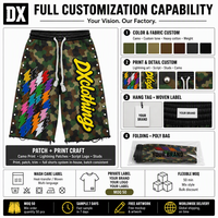 Shorts personnalisés camouflage woodland multicolore avec patch éclair et clous latéraux, en coton épais 300 g/m², ourlet brut et cordon de serrage, pour fabricants de marques
