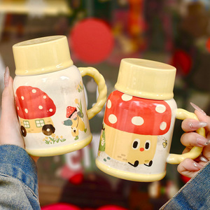 Cute <b>Large</b>-Capacity Ceramic <b>Mug</b> with Cartoon Design Water Kettle and Lidded Spoon for Girls Perfect Birthday Gift or Souvenir - Product Image 1