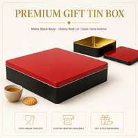 Boîte en étain carrée personnalisée, noir mat, couvercle rouge, intérieur doré, boîte cadeau, emballage pour bonbons, vente en gros