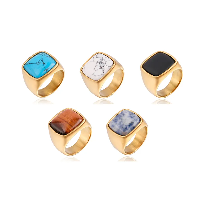 Hot-Sell Black White Yellow Blue saphir Moss agate Natural stone Stainless Steel ring, Gold plated Men's ring