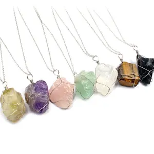 Zooying Natural Hand-made Irregular MultiColor Raw Rose Quartz Pendant Wire Wrapped Crystal Stone Pendant Necklace For Girls