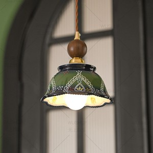French <b>Style</b> Green Ceramic Pendant Light Led Single <b>Head</b> Home Entryway Vintage Handmade Round Chandelier - Product Image 3