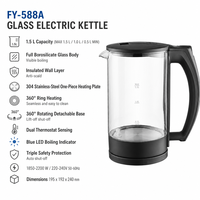 Bouilloire électrique sans fil en verre 1,7 L 2200 W avec protection contre l'ébullition à sec, base détachable à 360°, arrêt automatique, pour hôtel et usage extérieur