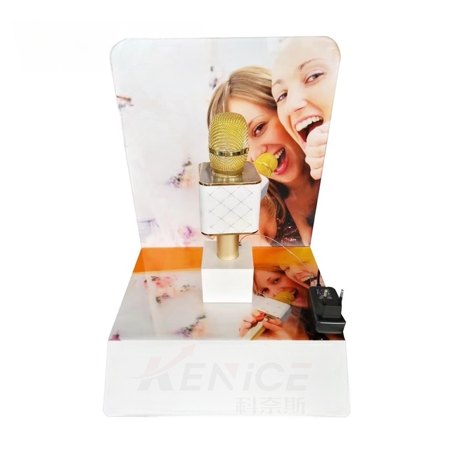 White Acrylic Mic Display Shelf with Lock L Shape Modern Design Perspex Microphone Display Stand for Supermarket