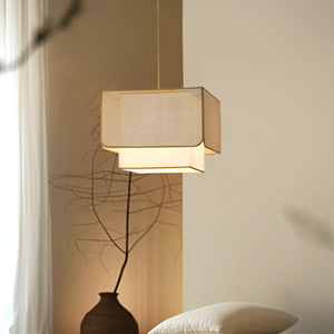 Lampe suspendue rectangulaire de style chinois, dorée, E27 LED, protection des yeux, pour table à thé, salle à manger, décoration Zen - Product Image 2