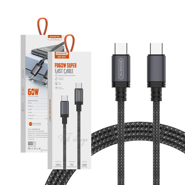 [Somostel Cables]BW51 60W C to C Fast Charging Cable Aluminum Alloy Nylon Braided Heavy Duty Durable Data Sync Wire Custom Logo