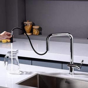Chrome Modern Design Pull-Down Kitchen <strong>Faucet</strong> High Arch Gooseneck with Adjustable Spray Deck Mounted in Stainless Steel - Product Image 4