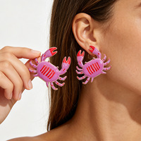 Pendientes de púas con diseño de cangrejo estilo vacaciones de verano europeo-americano transfronterizo, con efecto de goteo de aceite, de dibujos animados, rojos y blancos, marinos