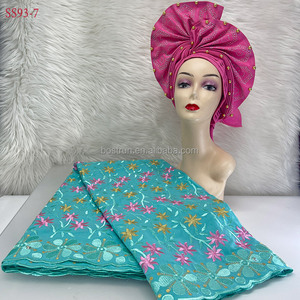 SS93 encaje suizo con bufanda tela nigeriana ASO Oke con turbante de cuentas auto gele headtie mujeres capó headwrap tela de encaje africano - Product Image 4