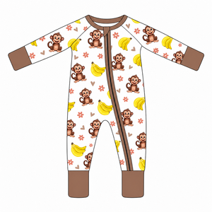 Toptan Özel Baskılı Oyuncu Maymun Desenli %95 Bambu Viskon %5 Spandeks Bebek Tulumu Çift Yönlü Fermuarlı Yenidoğan Bebek Pijaması - Product Image 1