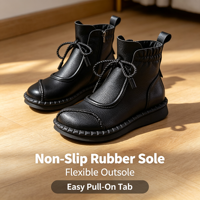 Bottines à talon plat confortables pour femmes, style coréen vintage, cousues à la main, en similicuir souple, avec fermeture éclair latérale, nœud en corde tressée, 1-3 cm