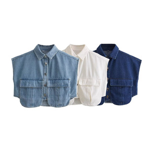 ZATRHMBM vêtements pour femmes 2023 automne hiver nouveau 3 couleurs Double poche décoratif Denim haut rétro revers <span class=keywords><strong>sans</strong></span> manches dames <span class=keywords><strong>gilet</strong></span> - Product Image 1