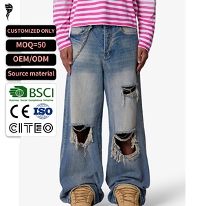Pantalon en jean vintage délavé, déchiré aux genoux, avec franges, décoré d'une chaîne métallique, coupe oversize, style skate - Product Image 1
