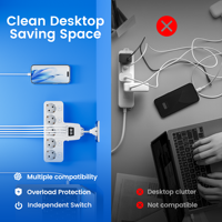 Multiprise avec 5 prises Schuko, 3 ports USB-A, 2 ports Type C, horloge, protection contre les surcharges, cordon d'alimentation 16AWG 5cm pour la maison et le bureau