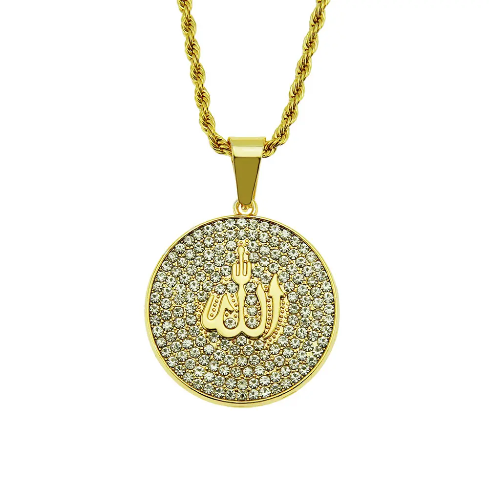 Muslim Islam Koran Allah Badge Coin Pendant Necklace Gold Plated Middle East Alloy Fashion Customized Jewelry Handmade Zircon RQ