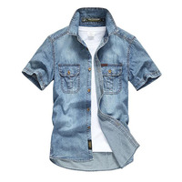 Chemises en jean multi-poches pour hommes, nouvelles chemises en jean bleues à manches courtes pour l'été, chemises décontractées en coton de haute qualité pour hommes