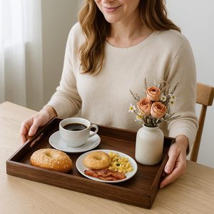 Plateau de service <span class=keywords><strong>en</strong></span> <span class=keywords><strong>bois</strong></span> d'acacia écologique avec poignées, design rectangulaire décoratif pour les fêtes, à utiliser dans le salon, la cuisine, le <span class=keywords><strong>comptoir</strong></span> - Product Image 2