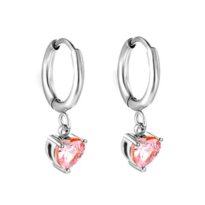 Pendientes de aro en forma de corazón chapados en oro con cristal rosa y engaste de garra para uso diario - Product Image 5