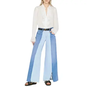 Moda Personalizado Dividir Perna Larga Dois Tons Denim Calças Para As Mulheres Calças Jeans Femininas Macias de Alta Qualidade