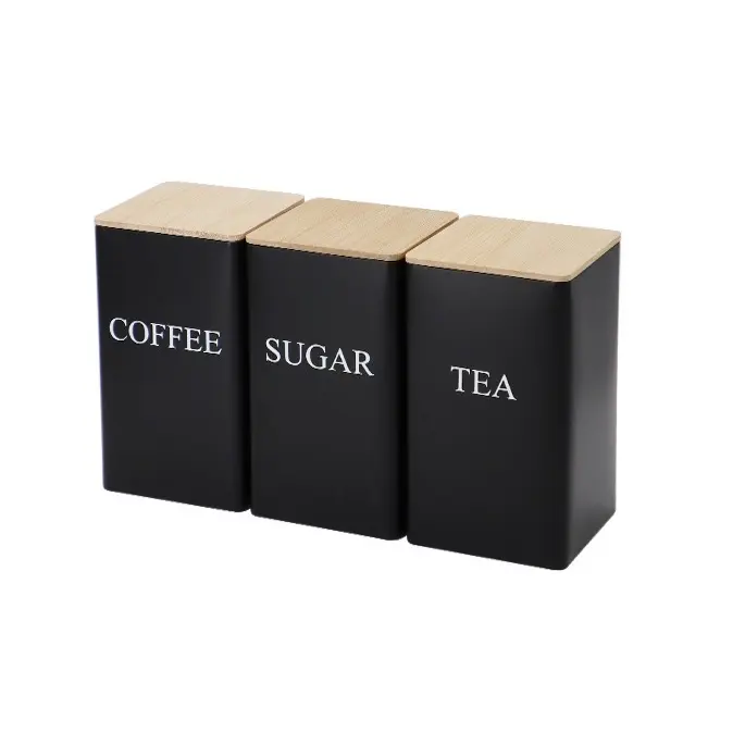 Bulk Empty Black Metal Canister Tea Sugar Coffee Storage Can Square Tin Box with Wooden Lid