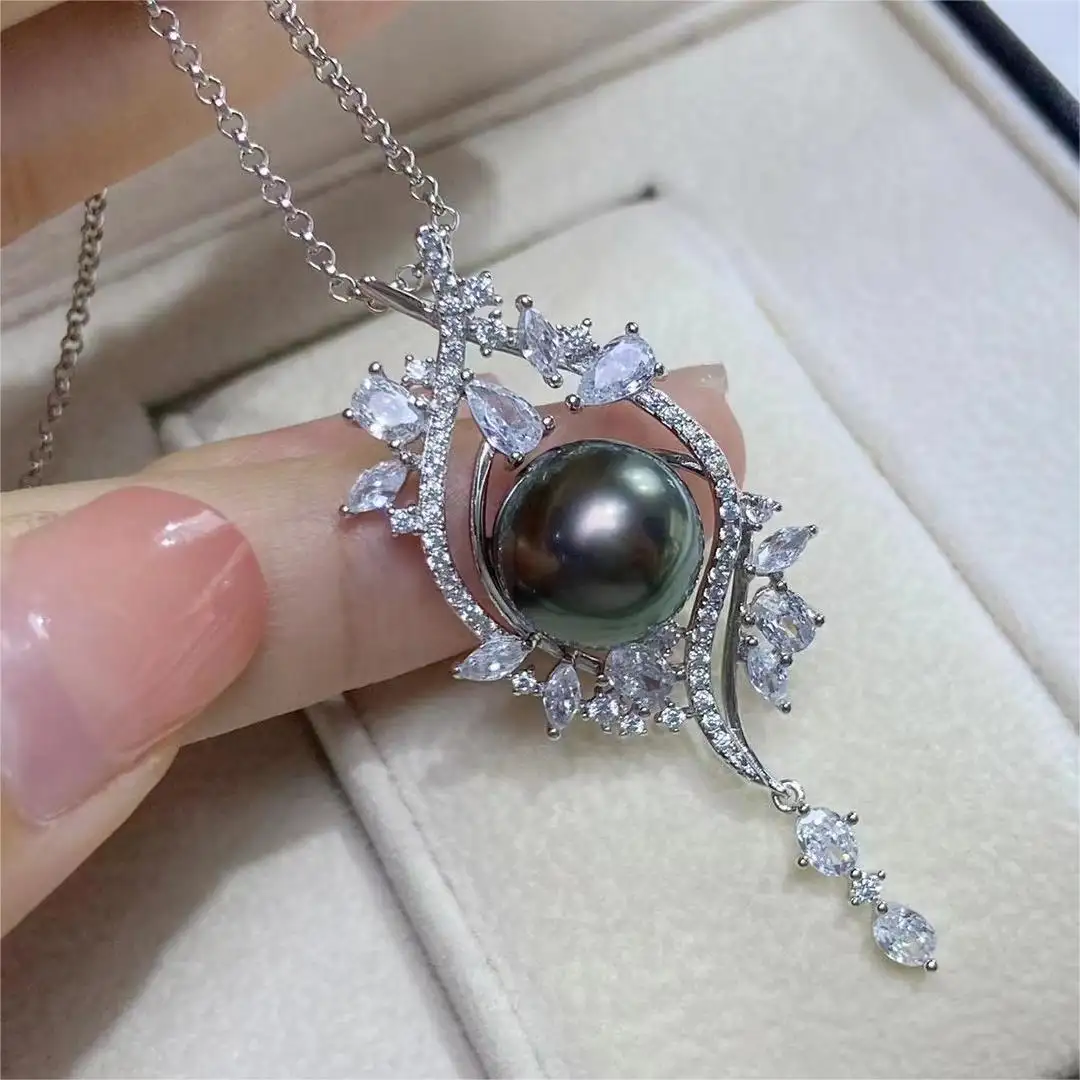 New Natural Freshwater Black Pearl Pendant Necklace 925 Silver Vintage Palace Style Necklace Zircon Women's Fashion Gift