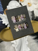 Lot de 10 faux ongles de luxe violets peints à la main, motif fleur 3D zèbre, forme carrée moyenne, couvrance totale, en gel, réutilisables