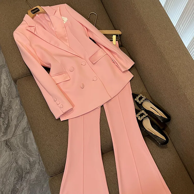 2022 यूरोपीय कार्यालय लेडी सूट डबल-छाती लंबी आस्तीन रंगीन जाकेट Flared पैंट महिलाओं के फैशन ठोस 2Pcs