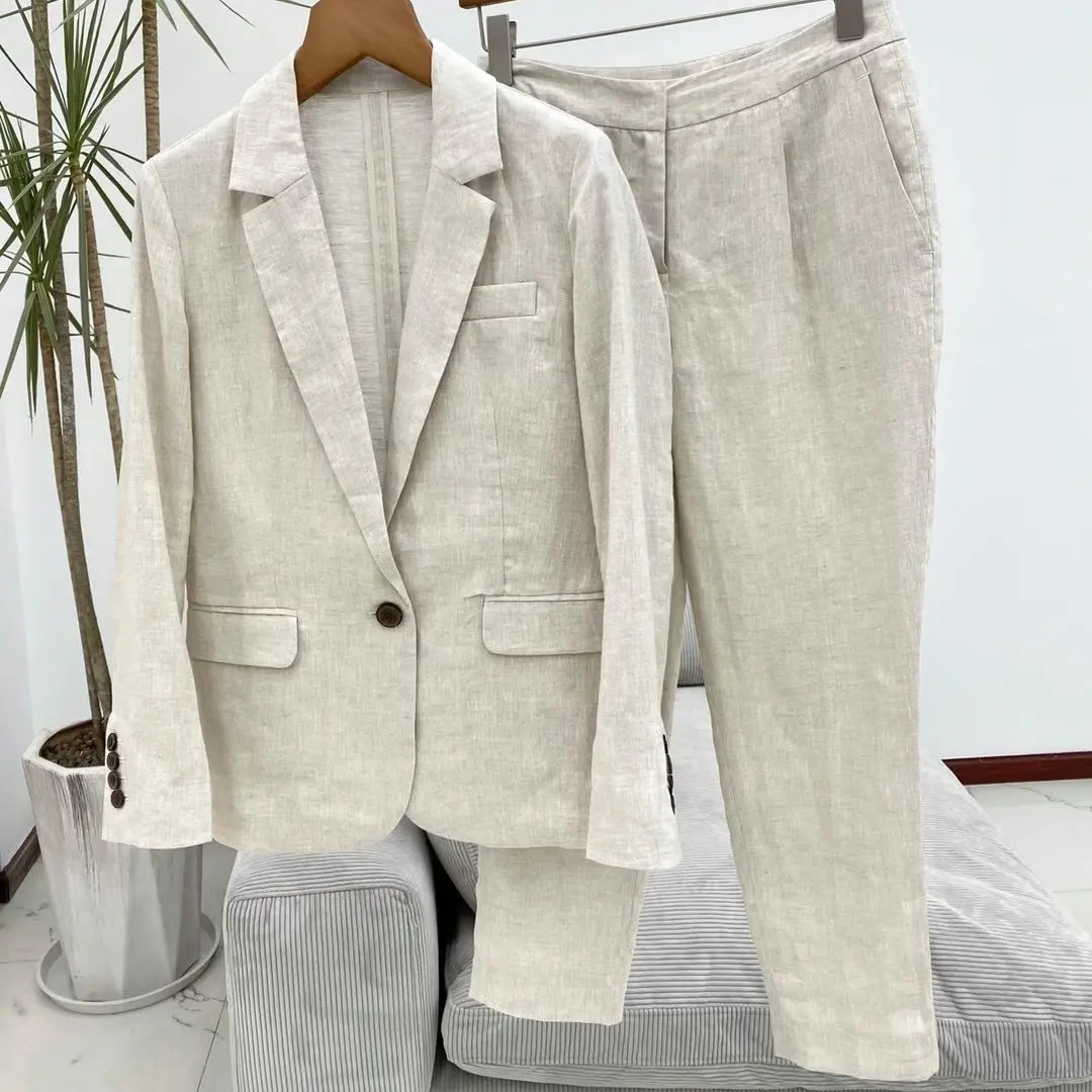 Terno blazers personalizado de linho para mulheres, conjunto de 2 peças de terno para mulheres