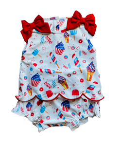 Conjunto de Verano Informal Personalizado con Estampado de Helado del 4 de Julio, Camiseta de Algodón y Spandex para Niñas, Pantalones Cortos con Borde Festoneado, Vestido Infantil - Product Image 1