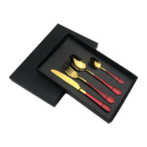 Juego de cubiertos chapados en titanio dorado, 4 piezas, tenedor, cuchara, cuchillo, cuchara para café, caja de regalo, vajilla duradera de estilo occidental - Product Image 3