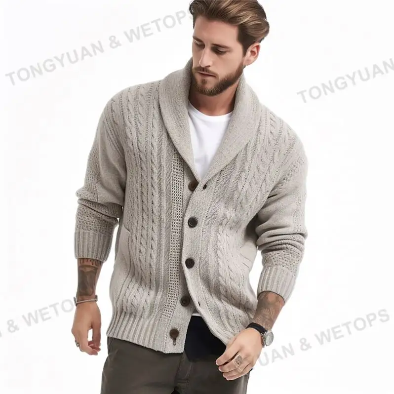 Customized Shawl Collar Plain Cable Knit Men Cardigan Sweater