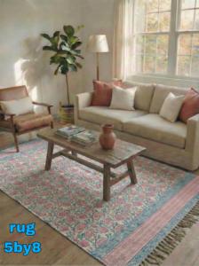 Floral Buti Block Print Cotton <b>Rug</b> 5x8 Handmade Carpet with Tassels <b>Boho</b> Floor Mat Living Room Decor - Product Image 2
