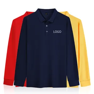 Plain natural cotton long sleeve polo shirts men's turn down collar t shirts with long sleeve support custom logo