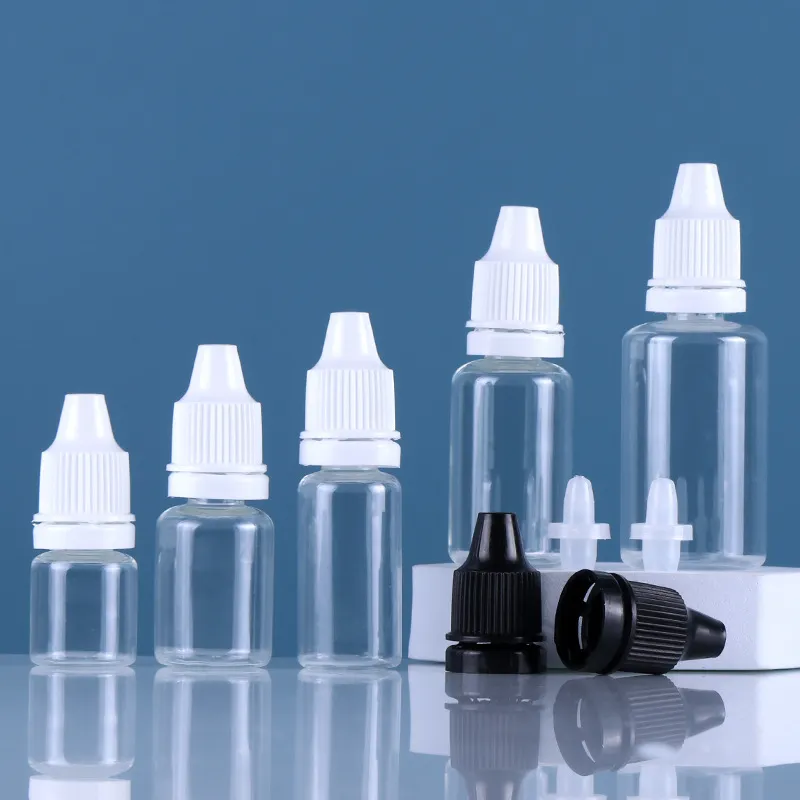 Botol tetes farmasi obat mata bening plastik, 5ml 10ml 15ml 30ml dengan tutup anti-maling hitam putih