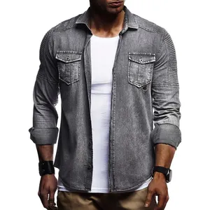 Autumn High Quality Denim Shirt Men Casual Long Sleeve Fit Slim Personality Pocket Black Blue Shirt