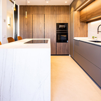 Solution complète pour la personnalisation de toute la maison : Cuisine en bois avec îlot en quartz et marbre, grand rangement, évier, robinet, panier et accessoires