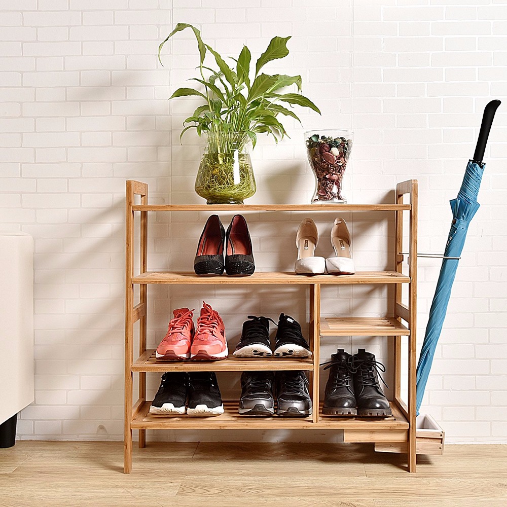 Wholesale 4-Tier Bamboo Wood Shoe Rack Organizer Shoe Cabinet Storage Display Rack Stand With Drawer For Home Living Room