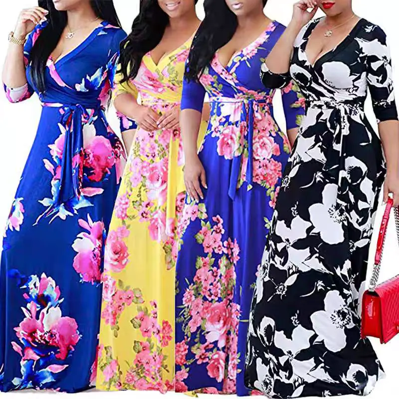 Женская одежда больших размеров, Платье макси с цветочным принтом и длинным рукавом, Африканское платье с разрезом для женщин, 5XL