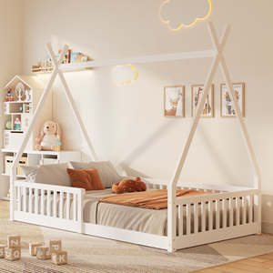 Lit plateforme pour <span class=keywords><strong>chambre</strong></span> d'enfant, taille double, en pin massif, avec barrière de sécurité au plafond, design lavable, facile à assembler, <span class=keywords><strong>blanc</strong></span> - Product Image 3